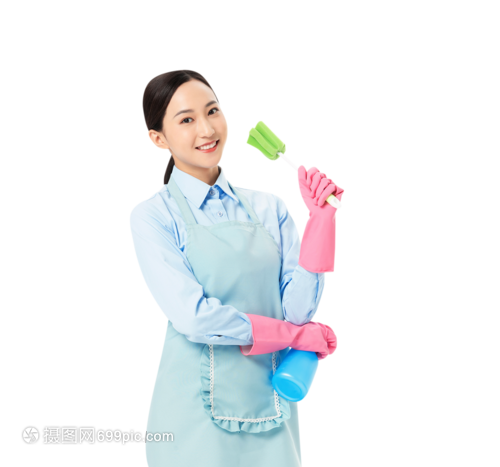 家政服务女性 专业手中的喷壶与长柄清洁刷